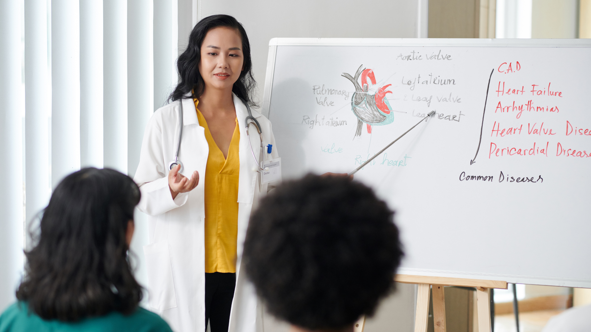 A woman presenting cardiology information to a small group